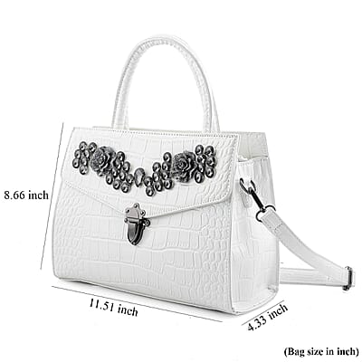 White Crocodile Embossed Faux Leather Sparkling Rhinestone Rose Crossbody Bag
