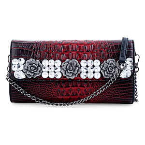 Red Crocodile Embossed Faux Leather Sparkling Rhinestone Rose Crossbody Wallet with Chain Strap 