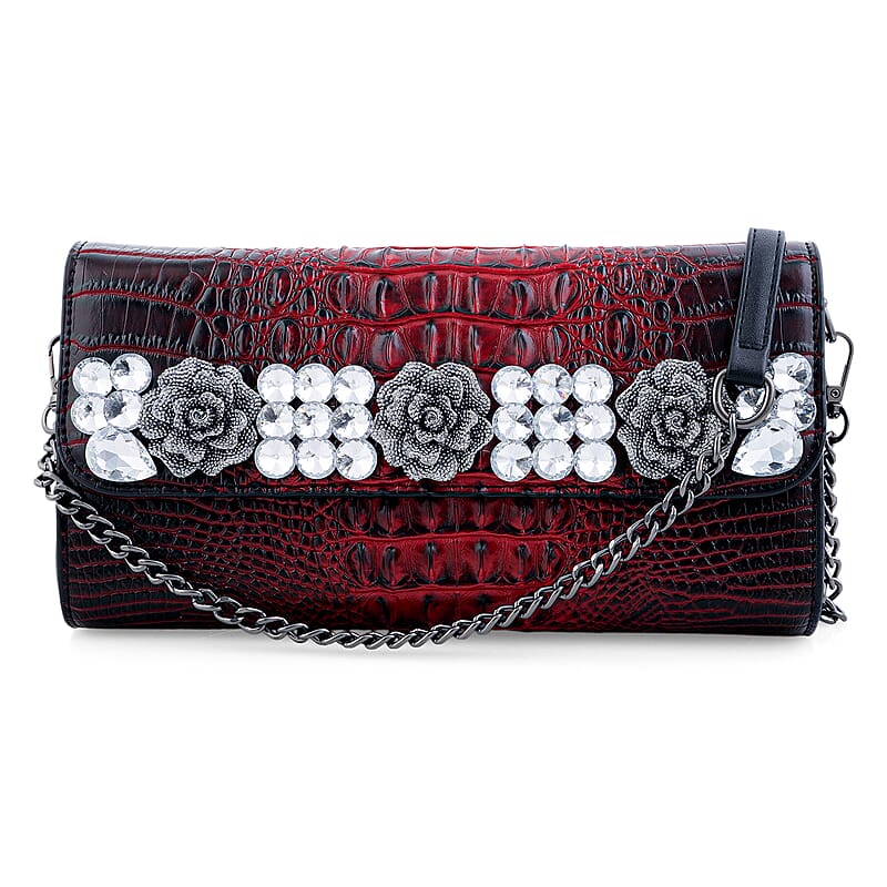 Red Crocodile Embossed Faux Leather Sparkling Rhinestone Rose Crossbody Wallet with Chain Strap