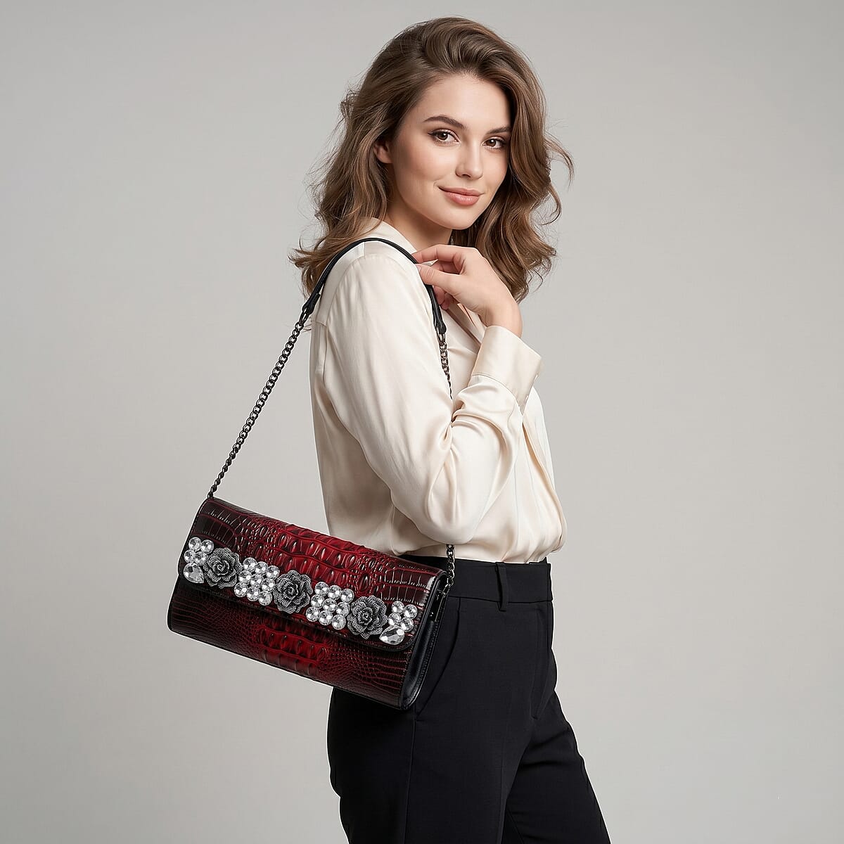 Red Crocodile Embossed Faux Leather Sparkling Rhinestone Rose Crossbody Wallet with Chain Strap  image number 3