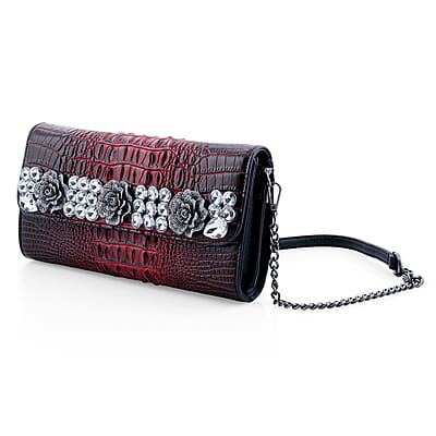 Red Crocodile Embossed Faux Leather Sparkling Rhinestone Rose Crossbody Wallet with Chain Strap