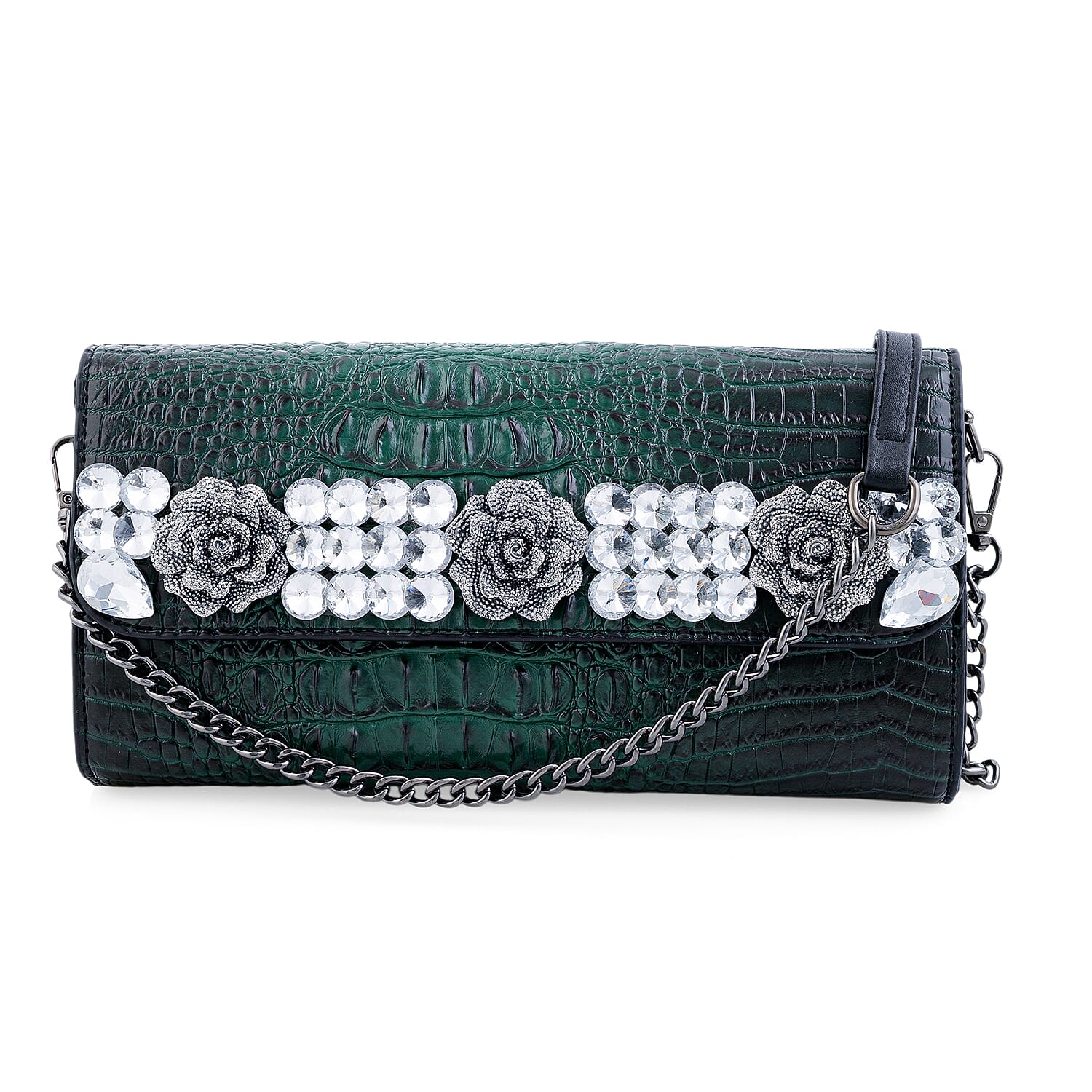 Green Crocodile Embossed Faux Leather Sparkling Rhinestone Rose Crossbody Wallet with Chain Strap