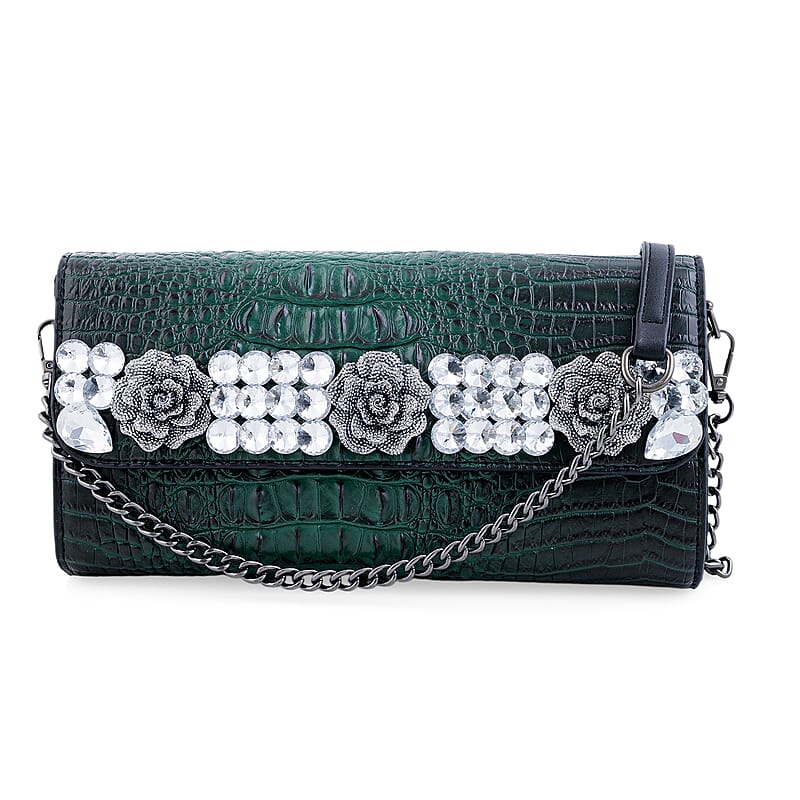 Green Crocodile Embossed Faux Leather Sparkling Rhinestone Rose Crossbody Wallet with Chain Strap