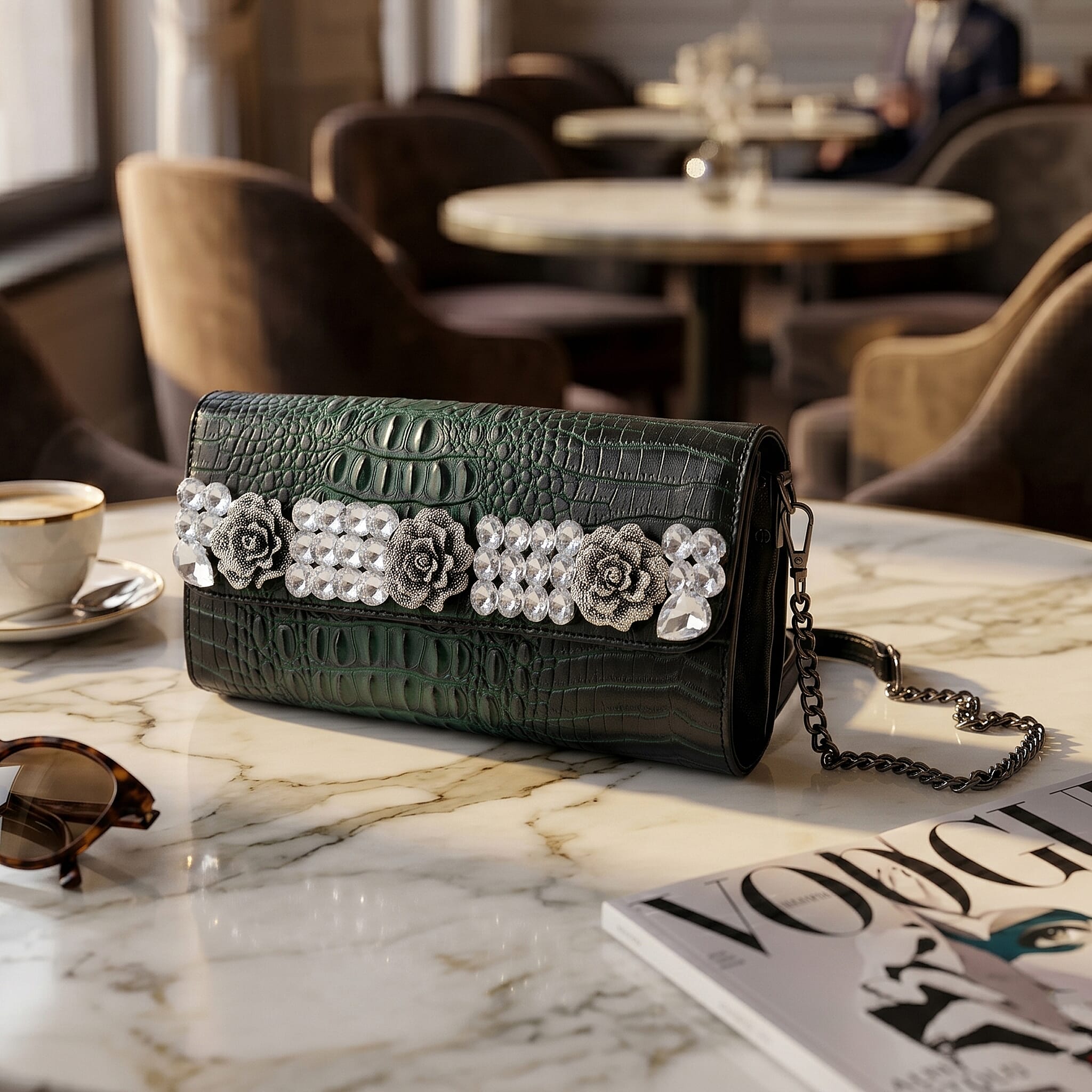 Green Crocodile Embossed Faux Leather Sparkling Rhinestone Rose Crossbody Wallet with Chain Strap