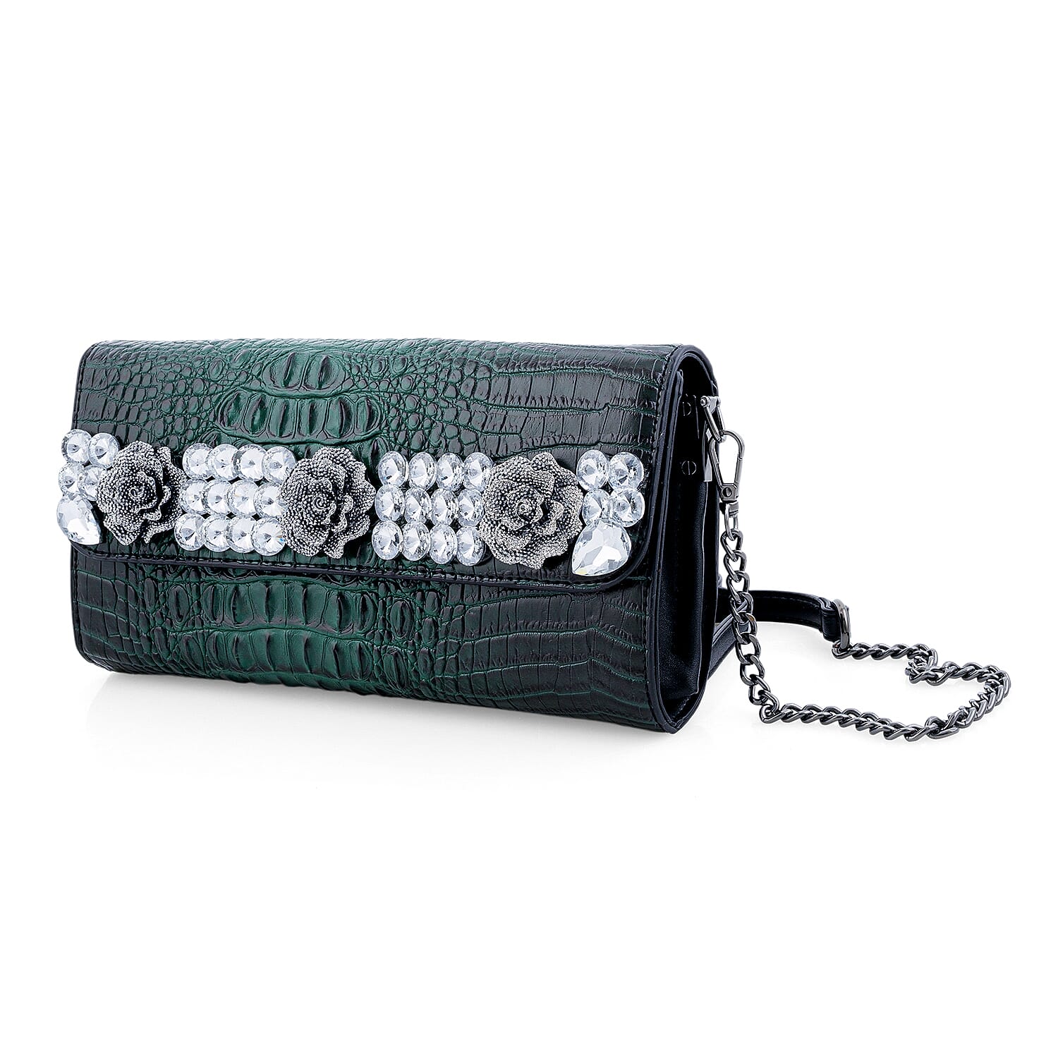 Green Crocodile Embossed Faux Leather Sparkling Rhinestone Rose Crossbody Wallet with Chain Strap