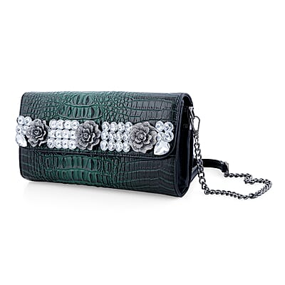 Green Crocodile Embossed Faux Leather Sparkling Rhinestone Rose Crossbody Wallet with Chain Strap