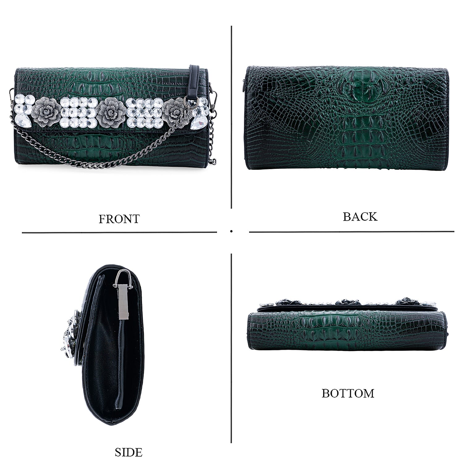 Green Crocodile Embossed Faux Leather Sparkling Rhinestone Rose Crossbody Wallet with Chain Strap
