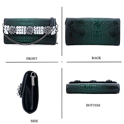 Green Crocodile Embossed Faux Leather Sparkling Rhinestone Rose Crossbody Wallet with Chain Strap