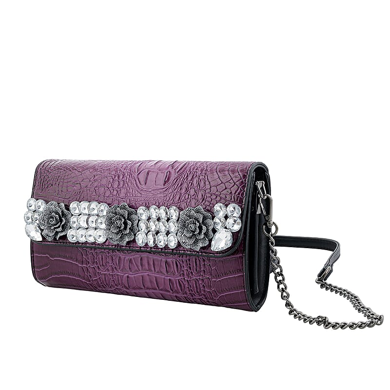 Purple Crocodile Embossed Faux Leather Sparkling Rhinestone Rose Crossbody Wallet with Chain Strap