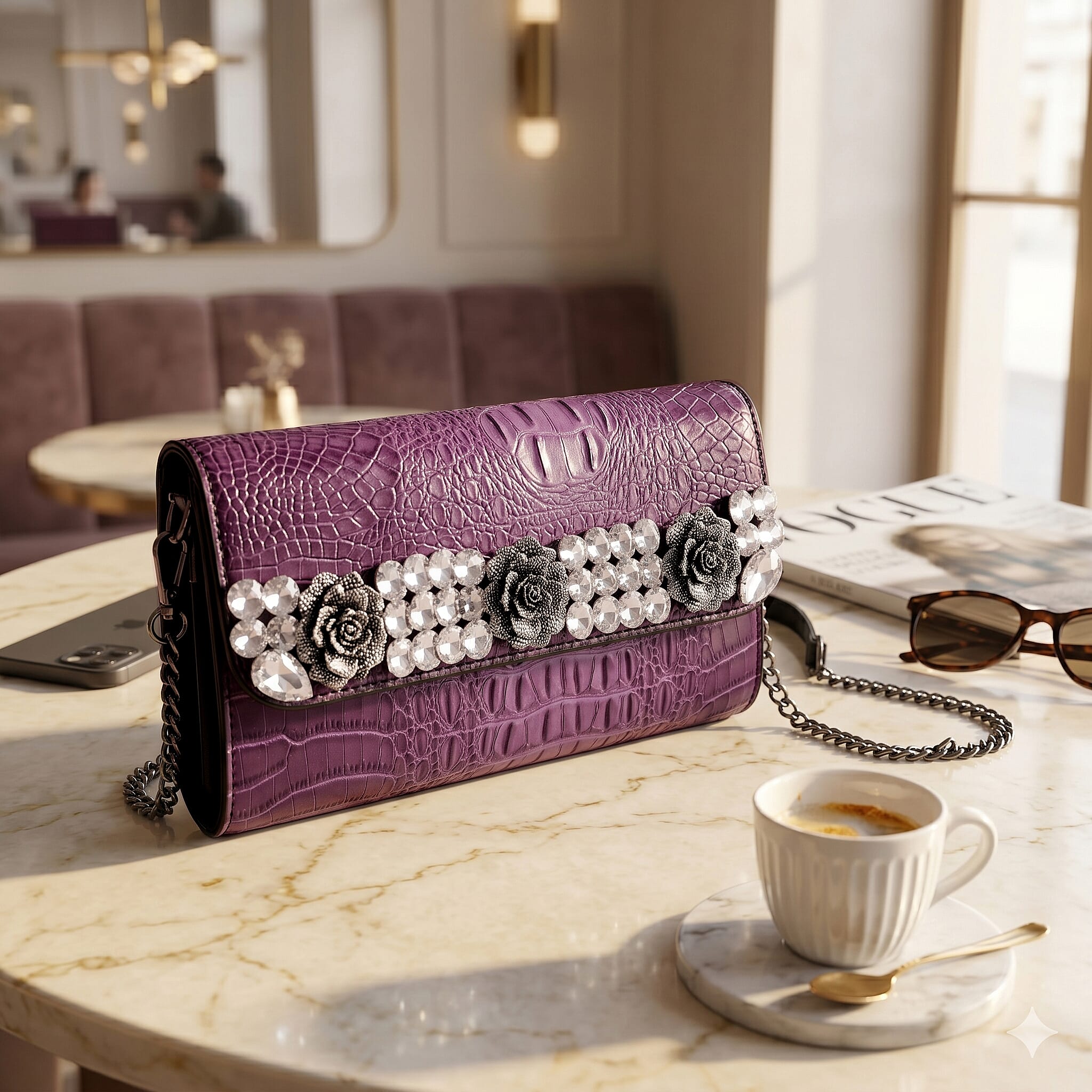 Purple Crocodile Embossed Faux Leather Sparkling Rhinestone Rose Crossbody Wallet with Chain Strap