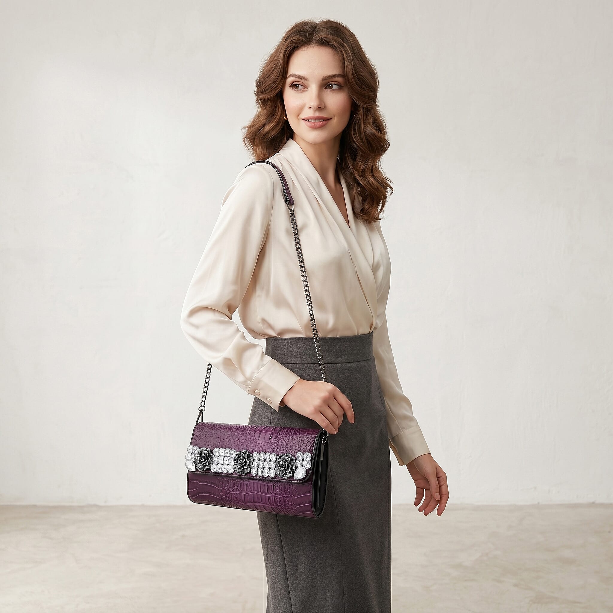 Purple Crocodile Embossed Faux Leather Sparkling Rhinestone Rose Crossbody Wallet with Chain Strap