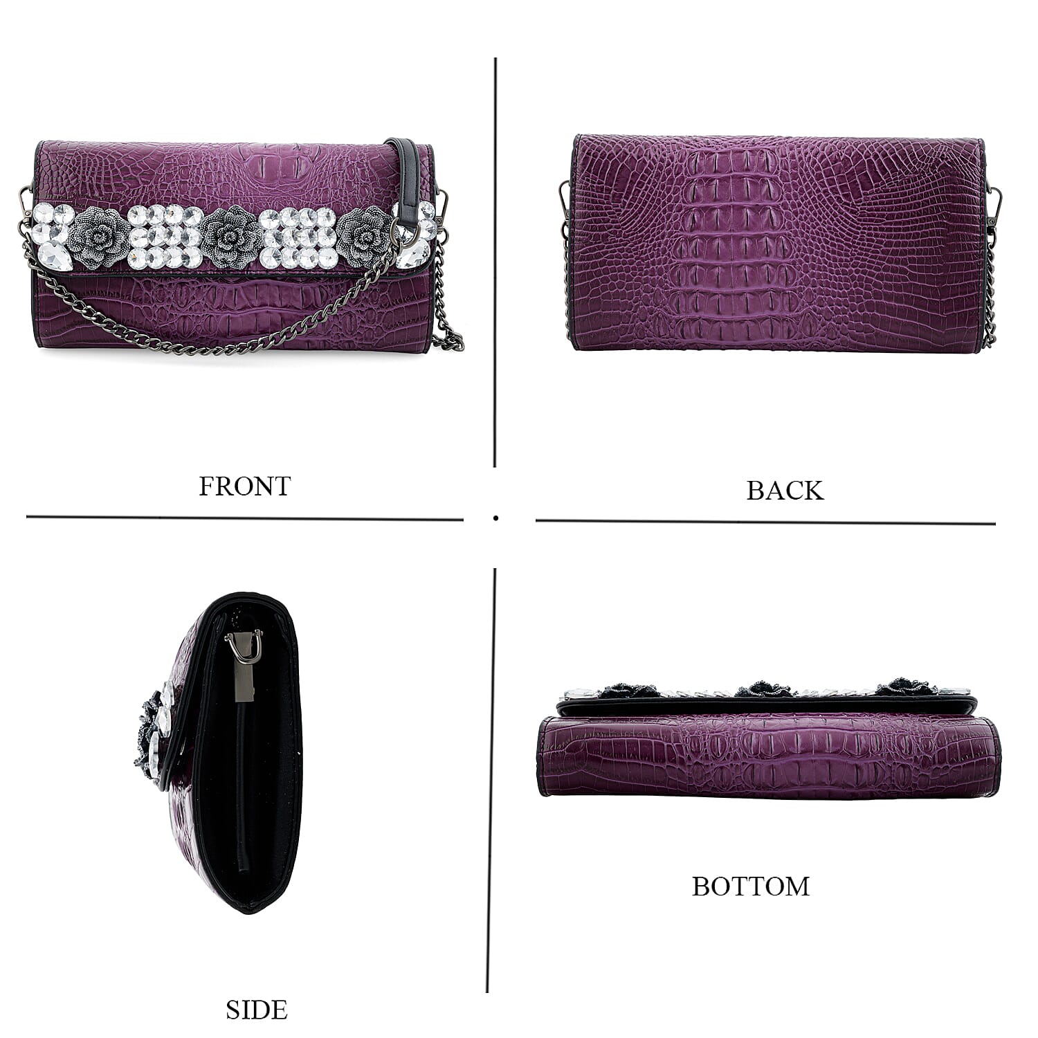 Purple Crocodile Embossed Faux Leather Sparkling Rhinestone Rose Crossbody Wallet with Chain Strap