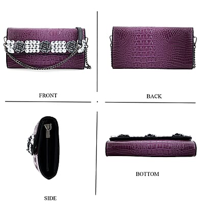 Purple Crocodile Embossed Faux Leather Sparkling Rhinestone Rose Crossbody Wallet with Chain Strap