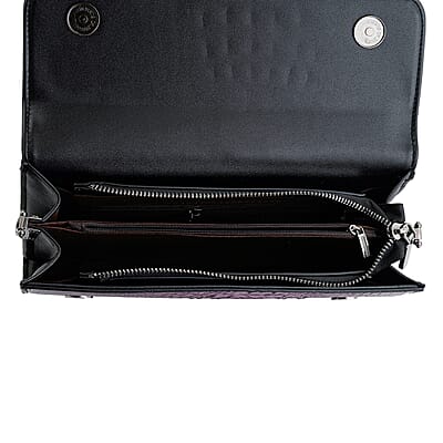 Purple Crocodile Embossed Faux Leather Sparkling Rhinestone Rose Crossbody Wallet with Chain Strap