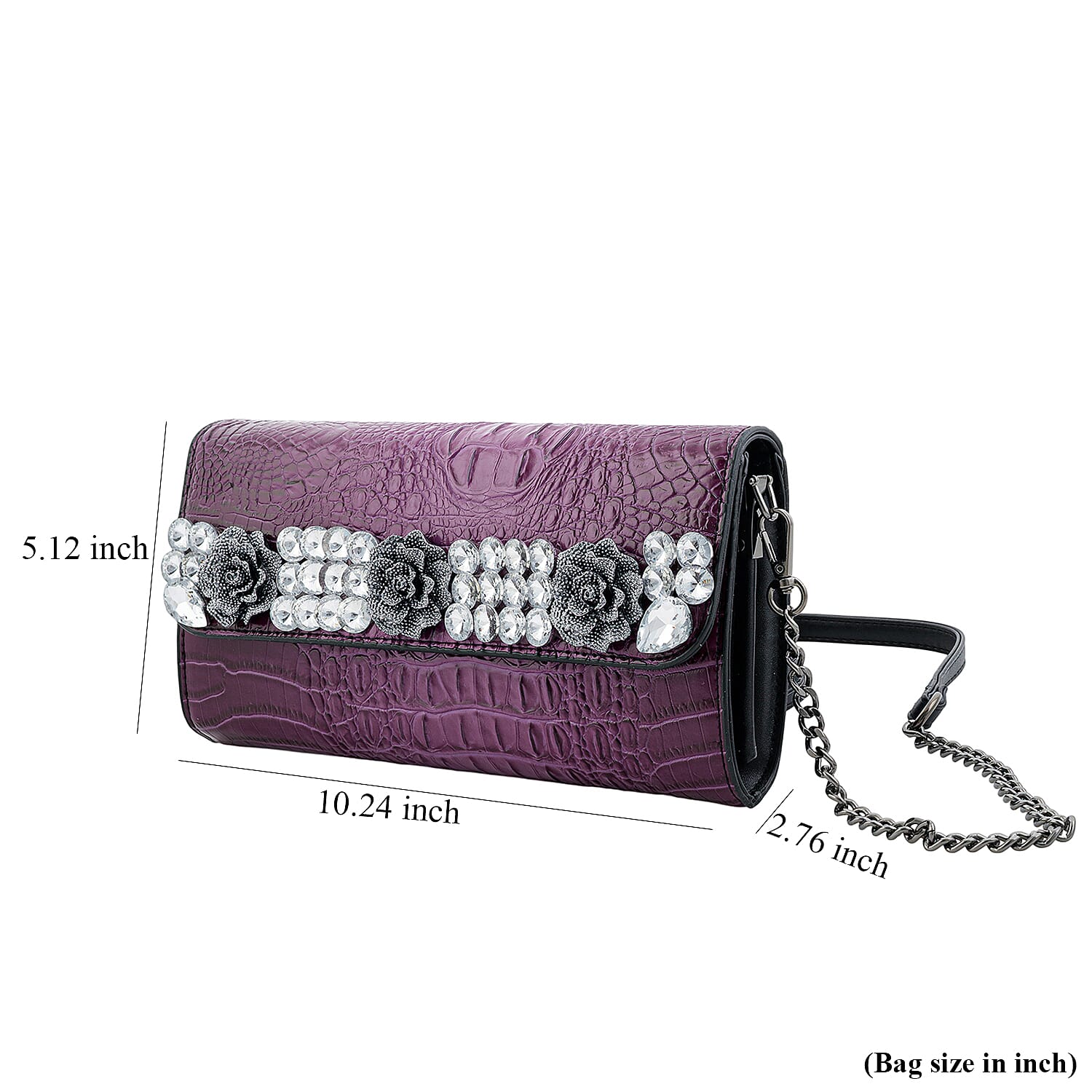 Purple Crocodile Embossed Faux Leather Sparkling Rhinestone Rose Crossbody Wallet with Chain Strap