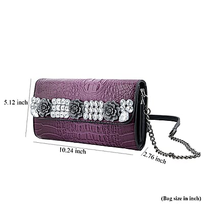 Purple Crocodile Embossed Faux Leather Sparkling Rhinestone Rose Crossbody Wallet with Chain Strap