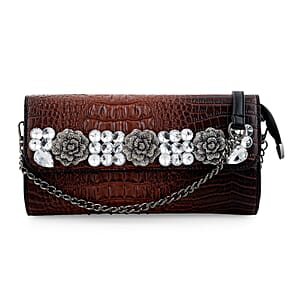 Coffee Crocodile Embossed Faux Leather Crystal Flower Crossbody Bag