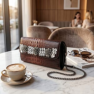 Coffee Crocodile Embossed Faux Leather Crystal Flower Crossbody Bag