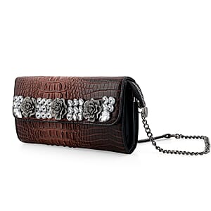 Coffee Crocodile Embossed Faux Leather Crystal Flower Crossbody Bag