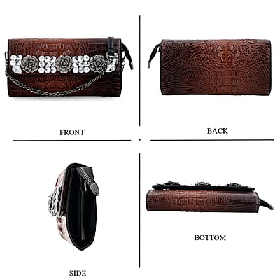 Coffee Crocodile Embossed Faux Leather Sparkling Rhinestone Rose Crossbody Wallet with Chain Strap