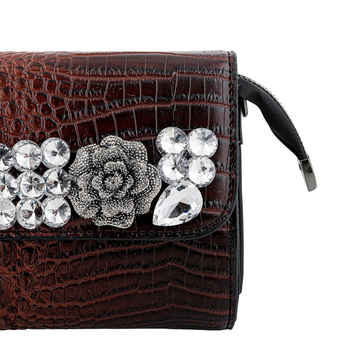 Coffee Crocodile Embossed Faux Leather Sparkling Rhinestone Rose Crossbody Wallet with Chain Strap