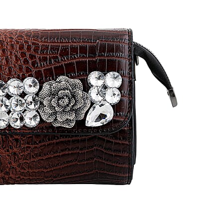 Coffee Crocodile Embossed Faux Leather Sparkling Rhinestone Rose Crossbody Wallet with Chain Strap