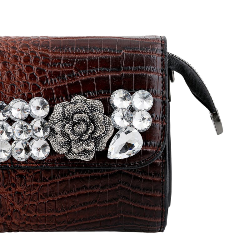 Coffee Crocodile Embossed Faux Leather Sparkling Rhinestone Rose Crossbody Wallet with Chain Strap