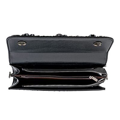 Coffee Crocodile Embossed Faux Leather Sparkling Rhinestone Rose Crossbody Wallet with Chain Strap