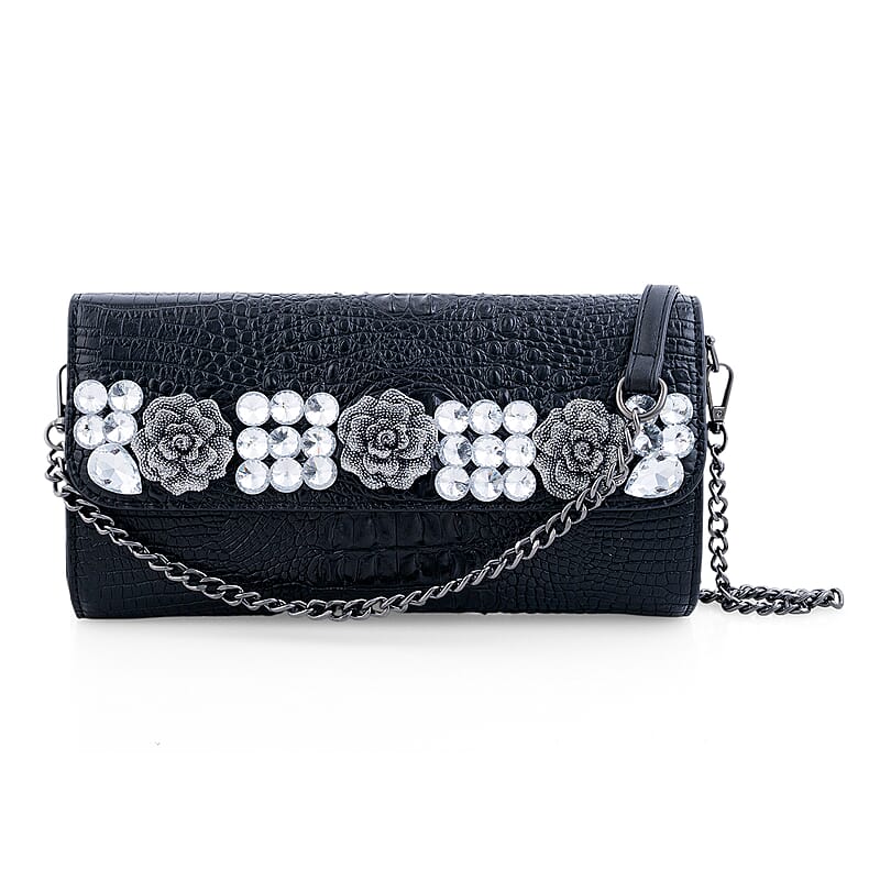 Black Crocodile Embossed Faux Leather Sparkling Rhinestone Rose Crossbody Wallet with Chain Strap
