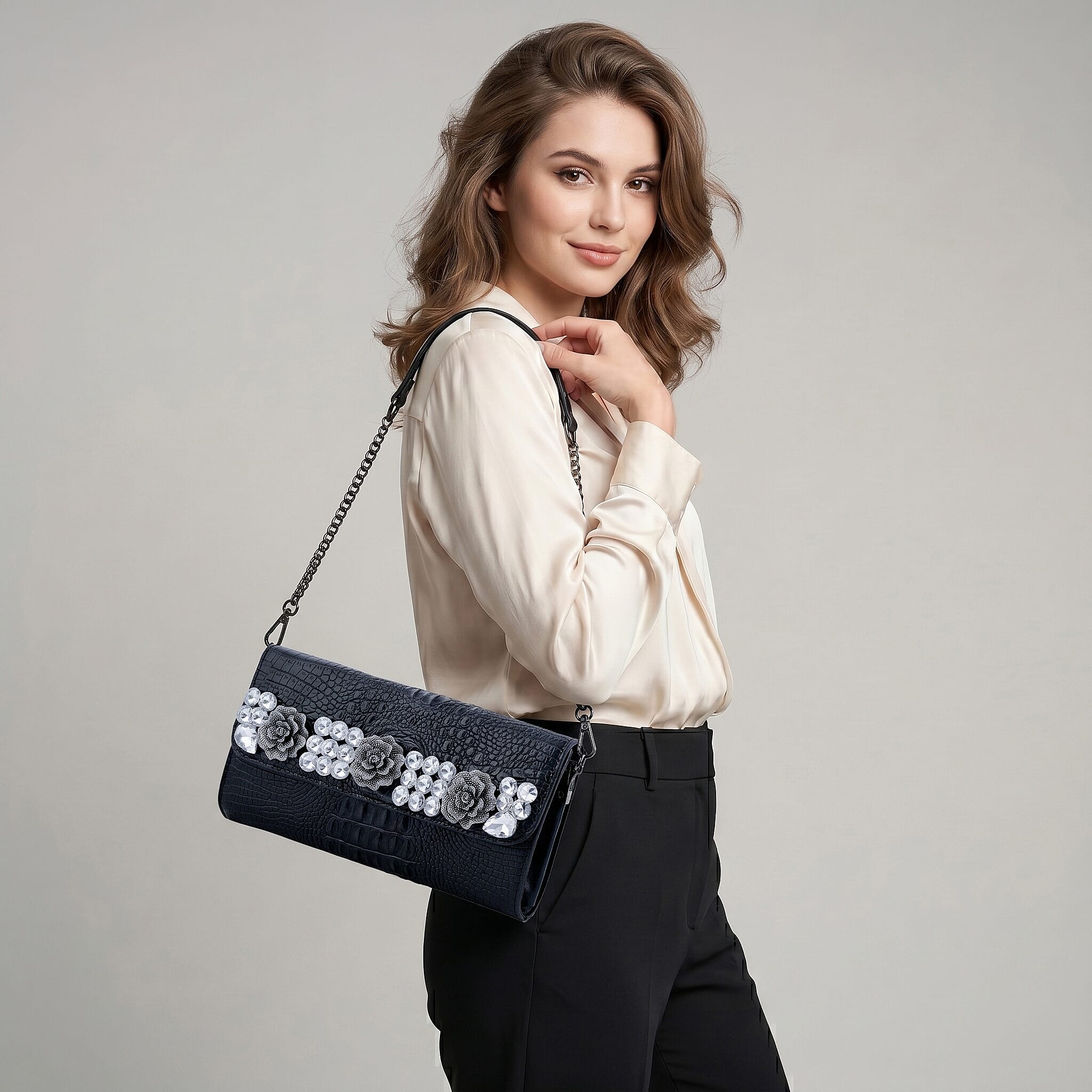 Black Crocodile Embossed Faux Leather Sparkling Rhinestone Rose Crossbody Wallet with Chain Strap