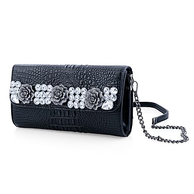 Black Crocodile Embossed Faux Leather Sparkling Rhinestone Rose Crossbody Wallet with Chain Strap