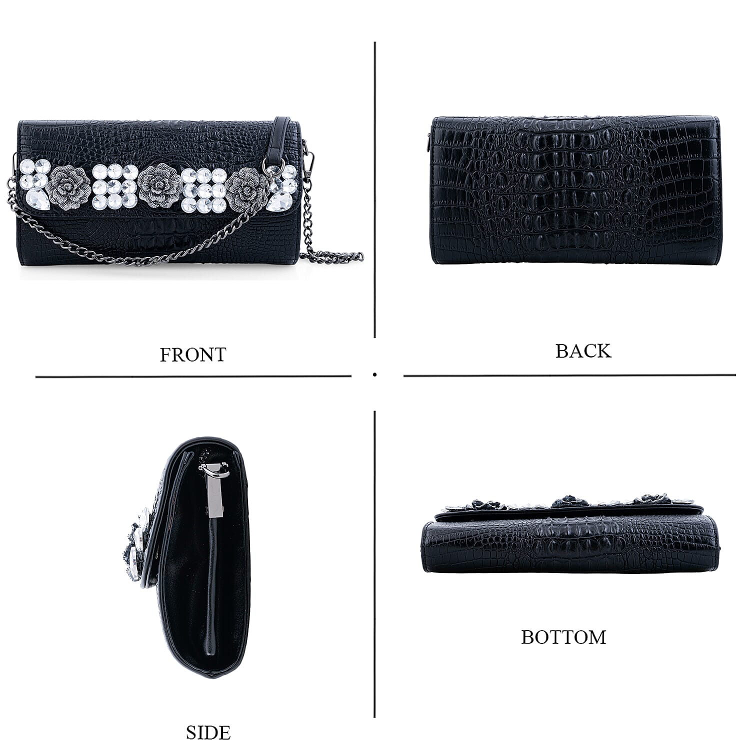 Black Crocodile Embossed Faux Leather Sparkling Rhinestone Rose Crossbody Wallet with Chain Strap
