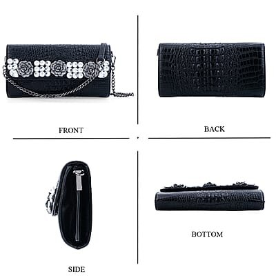 Black Crocodile Embossed Faux Leather Sparkling Rhinestone Rose Crossbody Wallet with Chain Strap