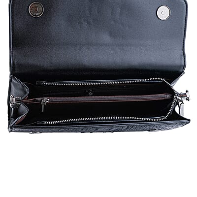 Black Crocodile Embossed Faux Leather Sparkling Rhinestone Rose Crossbody Wallet with Chain Strap
