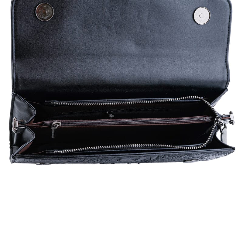 Black Crocodile Embossed Faux Leather Sparkling Rhinestone Rose Crossbody Wallet with Chain Strap