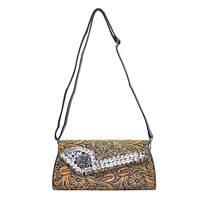 Brown Flower Embossed Faux Leather Crystal Crossbody Bag