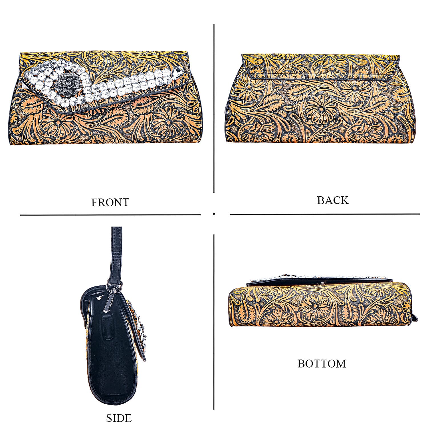 Brown Flower Embossed Faux Leather Crystal Crossbody Bag
