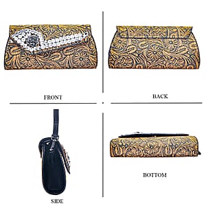 Brown Flower Embossed Faux Leather Crystal Crossbody Bag