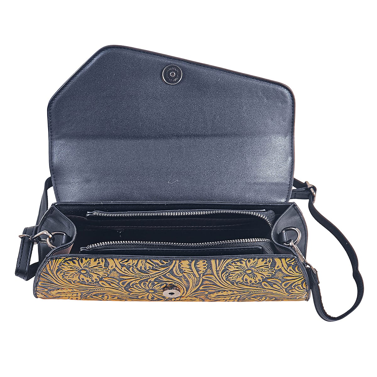Brown Flower Embossed Faux Leather Crystal Crossbody Bag image number 2