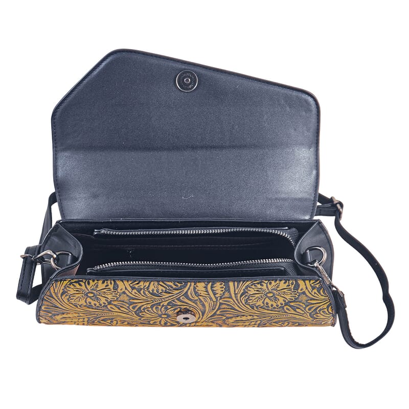 Brown Flower Embossed Faux Leather Crystal Crossbody Bag