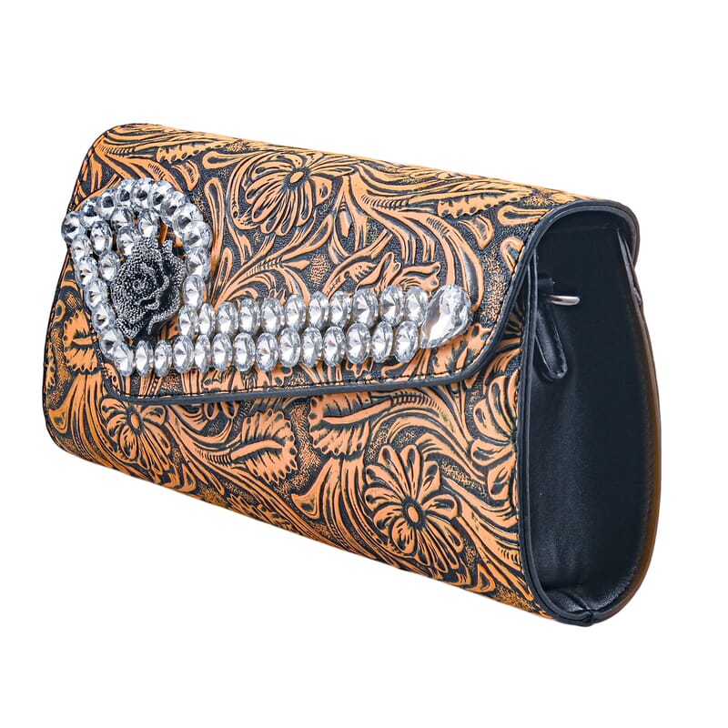 Brown Flower Embossed Faux Leather Crystal Crossbody Bag