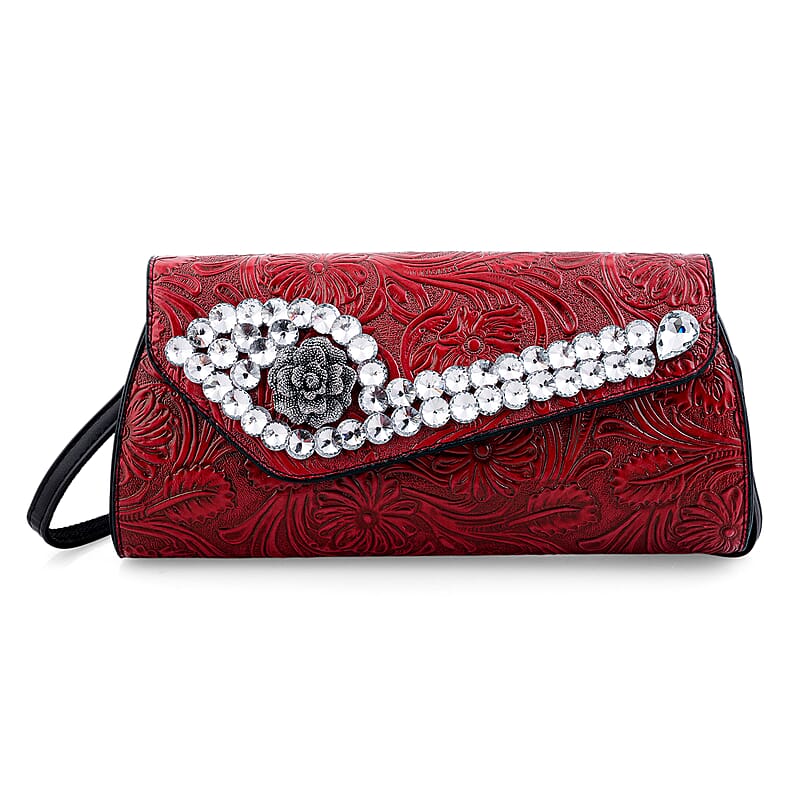 Red Flower Embossed Faux Leather Crystal Crossbody Bag