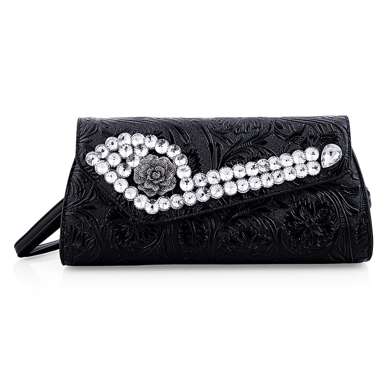 black Flower Embossed Faux Leather Crystal Crossbody Bag