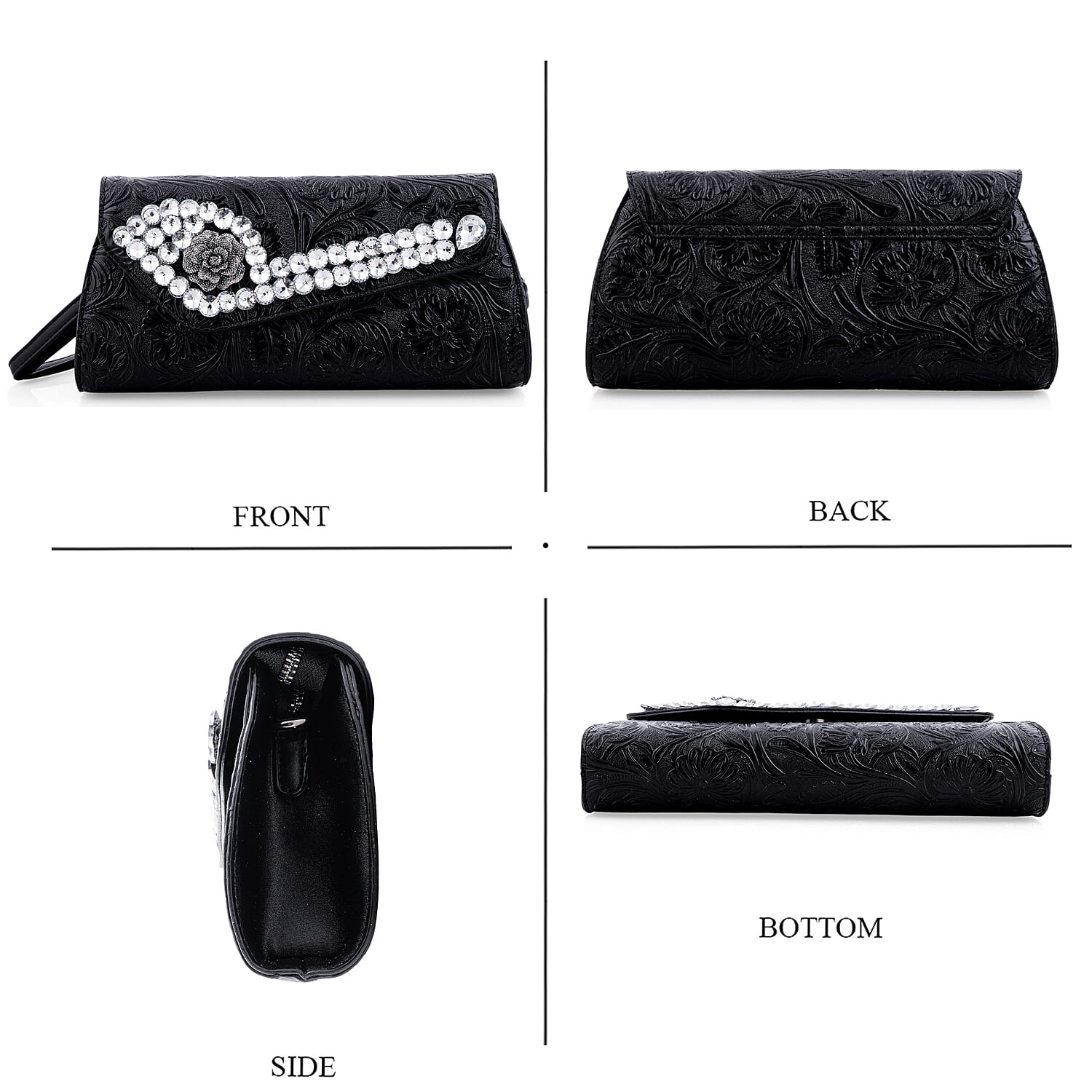 black Flower Embossed Faux Leather Crystal Crossbody Bag