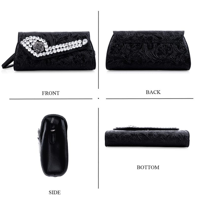 black Flower Embossed Faux Leather Crystal Crossbody Bag