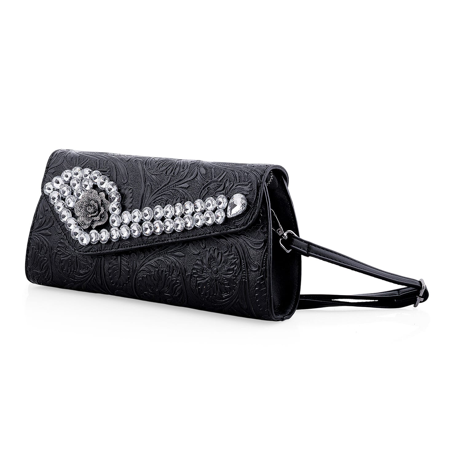 black Flower Embossed Faux Leather Crystal Crossbody Bag