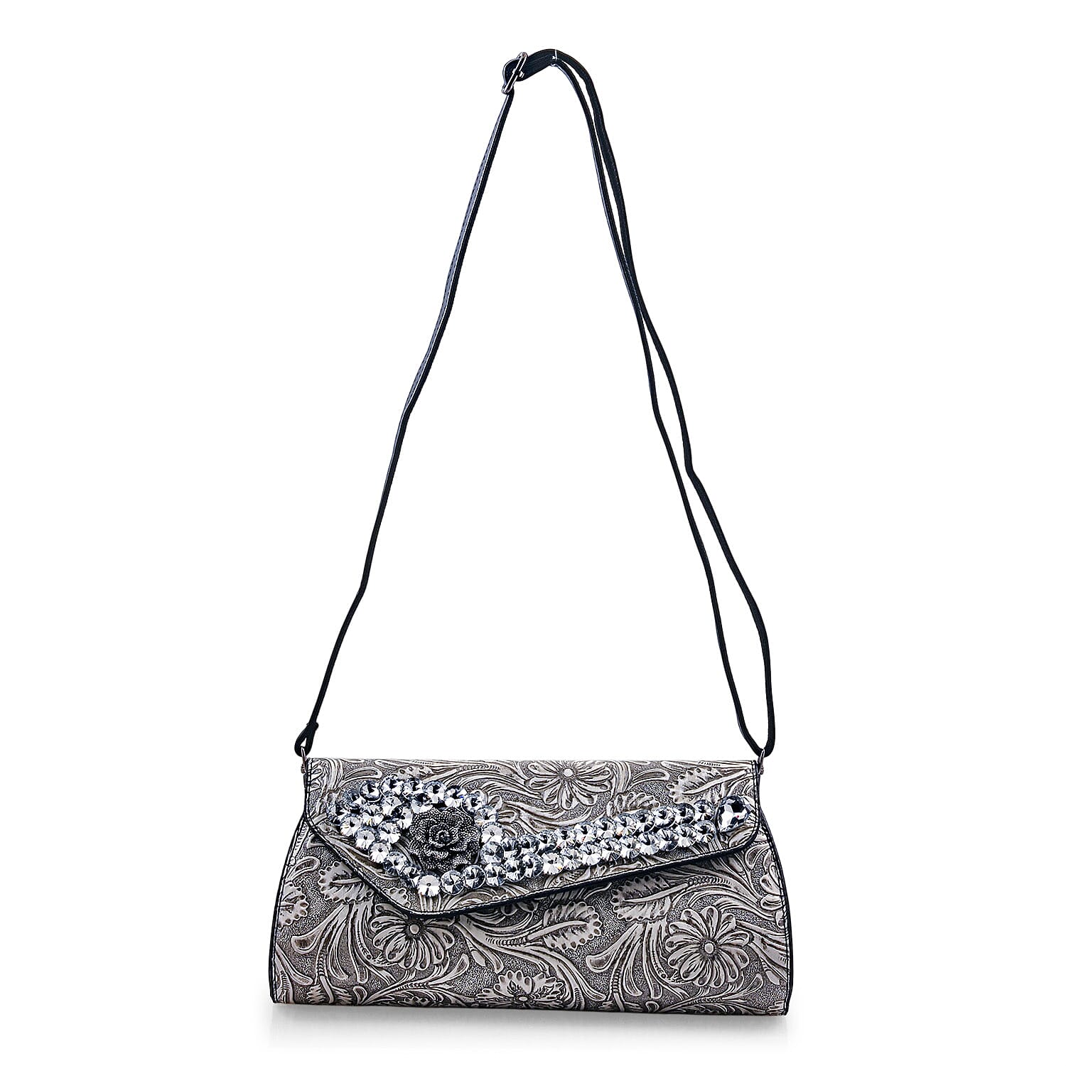 Silver Flower Embossed Faux Leather Crystal Crossbody Bag