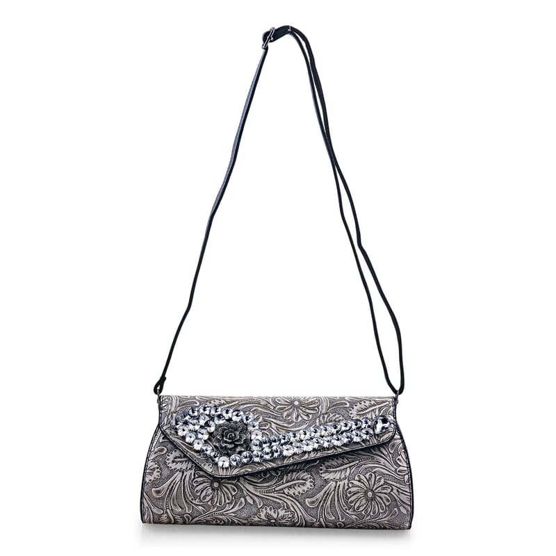 Silver Flower Embossed Faux Leather Crystal Crossbody Bag
