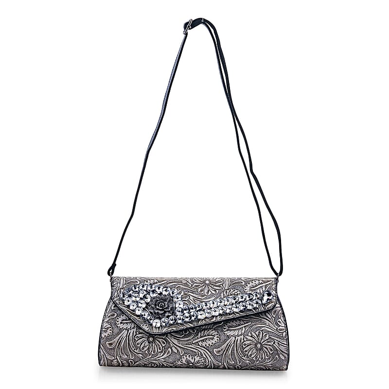 Silver Flower Embossed Faux Leather Crystal Crossbody Bag