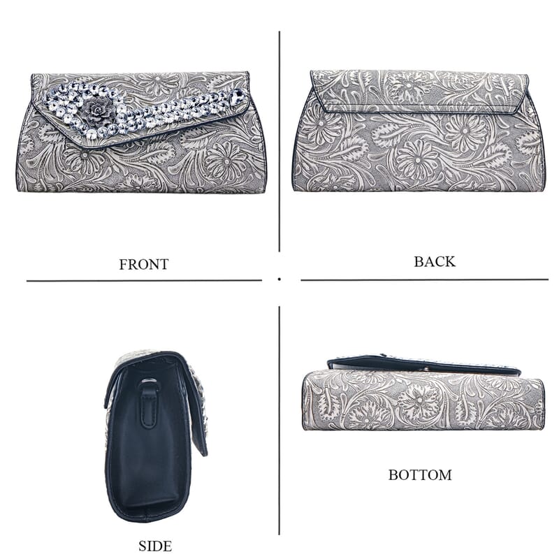 Silver Flower Embossed Faux Leather Crystal Crossbody Bag